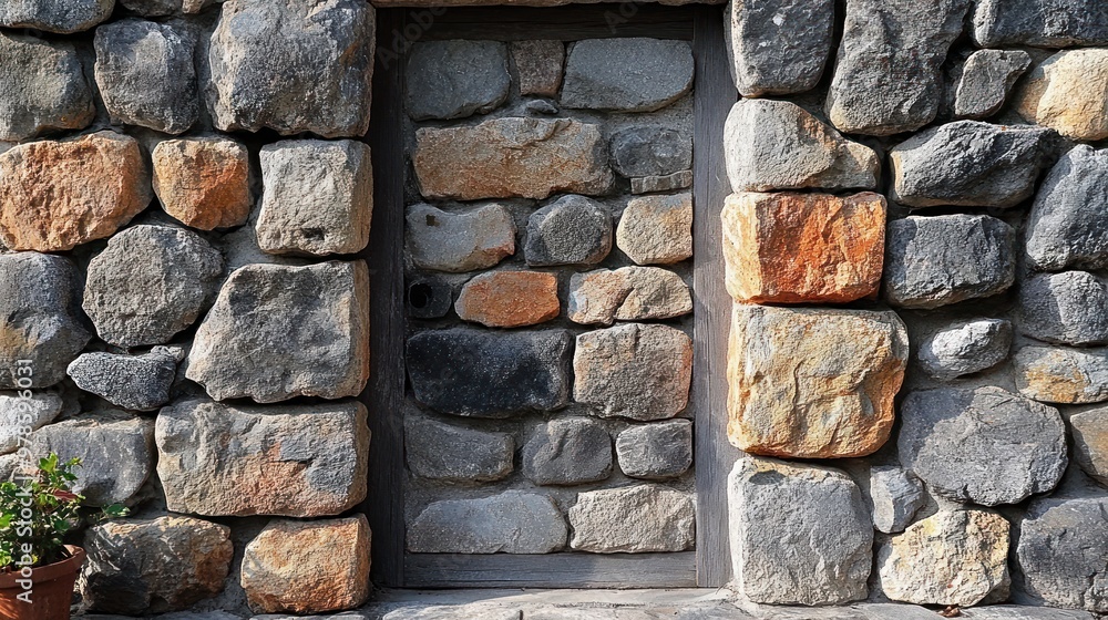 A stone wall featuring a small, unadorned door. A stone wall featuring a small, unadorned door.
