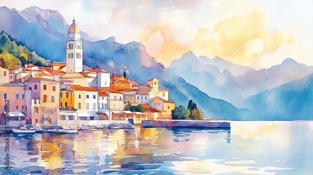 Fototapeta premium Vibrant coastal town at sunset, houses in pastel hues reflecting the warm golden glow, watercolor capturing the serene atmosphere of the evening,