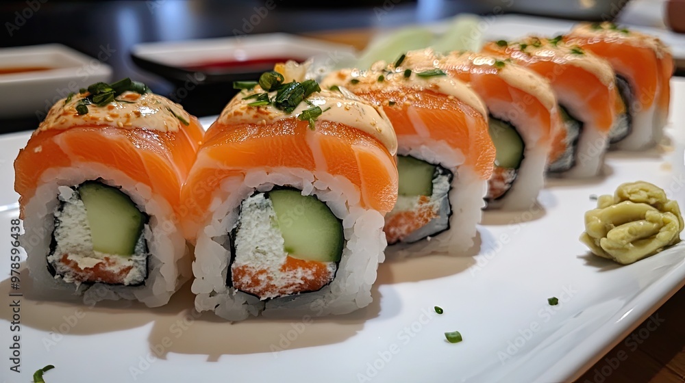 A plate of sushi rolls with salmon, cream cheese, and cucumber. A plate of sushi rolls with salmon, cream cheese, and cucumber.