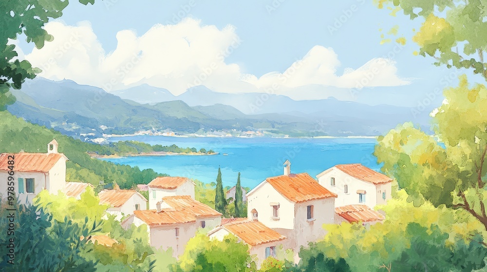 Fototapeta premium A charming coastal town with pastel homes, vivid turquoise ocean in the background, bathed in golden sunlight, rendered in watercolor and oil painting style