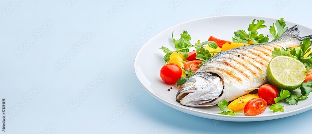 Grilled fish served on a white plate with fresh vegetables and lime, perfect for healthy meal presentations. Grilled fish served on a white plate with fresh vegetables and lime, perfect for healthy meal presentations.