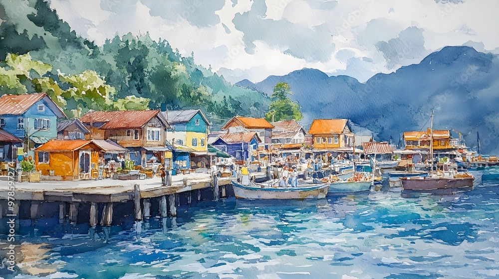 Picturesque seaside village, bright houses, energetic fish market at the dockside, detailed sea life and boats, artistic watercolor with oil paint strokes Picturesque seaside village, bright houses, energetic fish market at the dockside, detailed sea life and boats, artistic watercolor with oil paint strokes