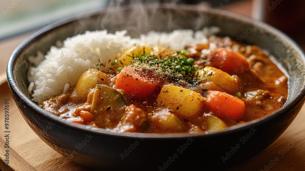 A steaming bowl of vegetable curry rice with Japanese curry sauce. A steaming bowl of vegetable curry rice with Japanese curry sauce.