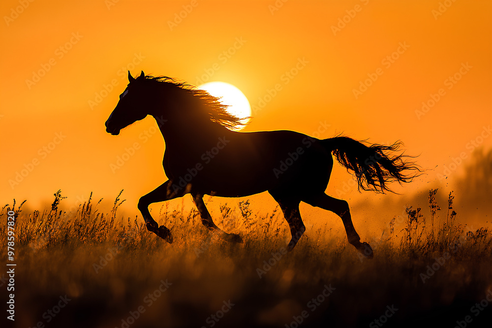 A silhouette of a horse running against a vibrant sunset backdrop. A silhouette of a horse running against a vibrant sunset backdrop.