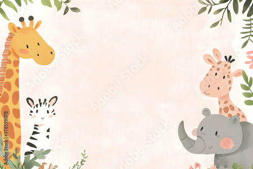 Cute cartoon giraffe, zebra, and elephant with greenery border, pink background.