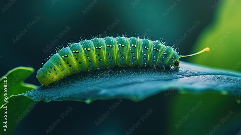 A vibrant green caterpillar munching on a fresh leaf. A vibrant green caterpillar munching on a fresh leaf.