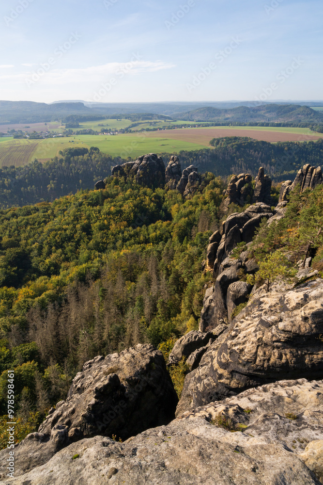 Rugged Rock Outcrops at an Overlook in Saxon Switzerland National Park, Nationalpark Sächsische Schweiz Rugged Rock Outcrops at an Overlook in Saxon Switzerland National Park, Nationalpark Sächsische Schweiz
