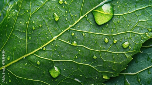 A vibrant green leaf with intricate veins and dew drops.