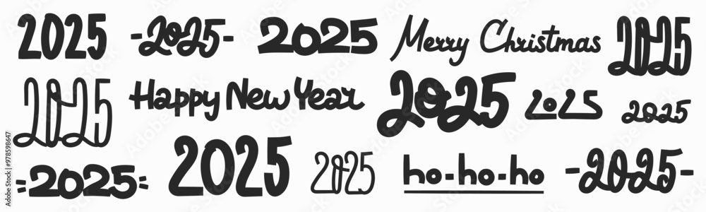 2025 vector brush stroke lettering set. Expressive modern graffiti handwritten design element for calendar, New Year and Cristmass greeting card. Hand drawn black inscription 2025 vector brush stroke lettering set. Expressive modern graffiti handwritten design element for calendar, New Year and Cristmass greeting card. Hand drawn black inscription
