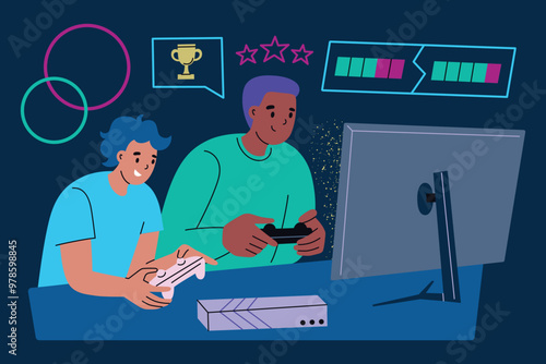 Vector illustration of two gamers playing a video game with controllers and console. Father and son spending time together, having fun, entertainment. Flat cartoon style. Gaming, family bonding