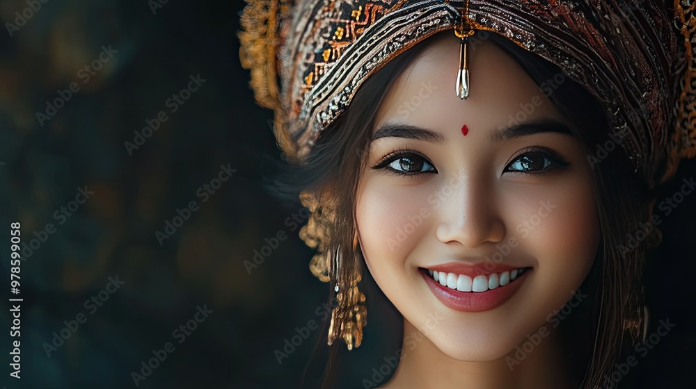 An Asian model with a proud smile, wearing a traditional headdress. An Asian model with a proud smile, wearing a traditional headdress.