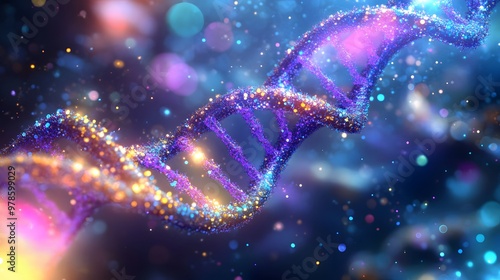 Microscopic view of a genetic sequence analysis, colorful and detailed visualization of DNA, scientific precision with bright, focused lighting highlighting key areas, technical and engaging mood