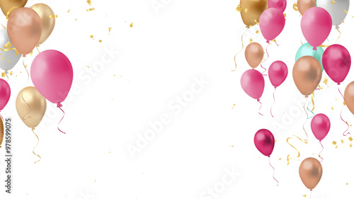Balloon happy birthday banner, happy congratulations celebration anniversary luxury party shiny gold silver balloons and confetti banner poster, vector template