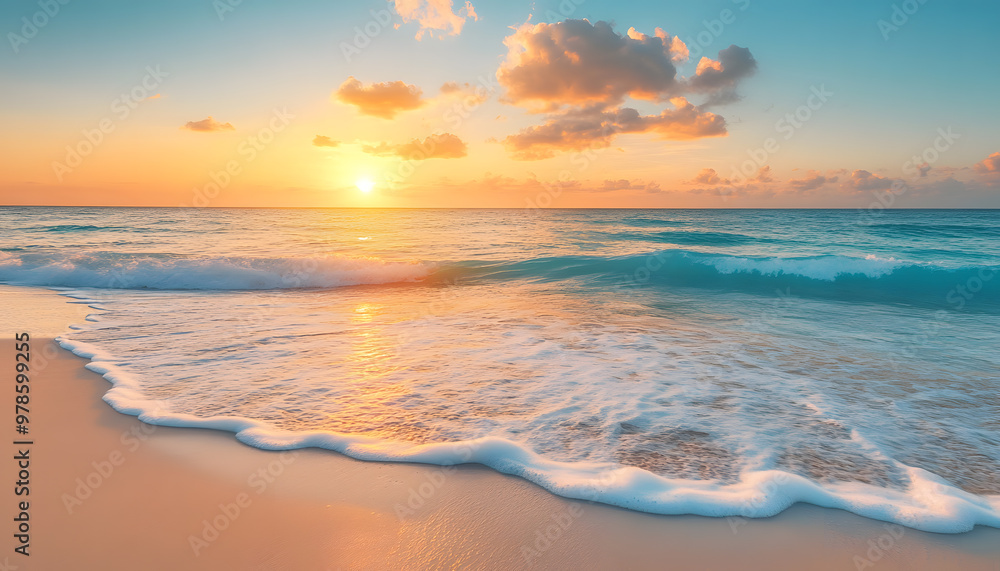 Fototapeta premium Crystal-clear turquoise waters with gentle waves lapping at a pristine beach under a golden sunset