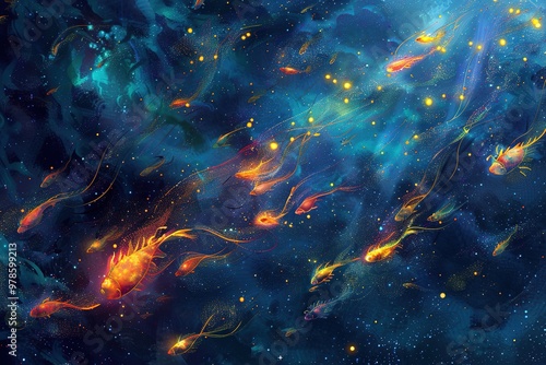 A painting of a starry sky with a splash of orange and yellow