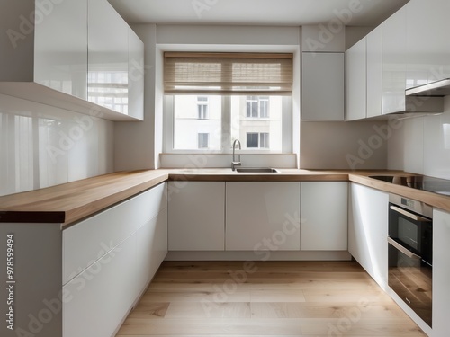 Modern Kitchen with White Cabinets, Wooden Countertop, and a Window