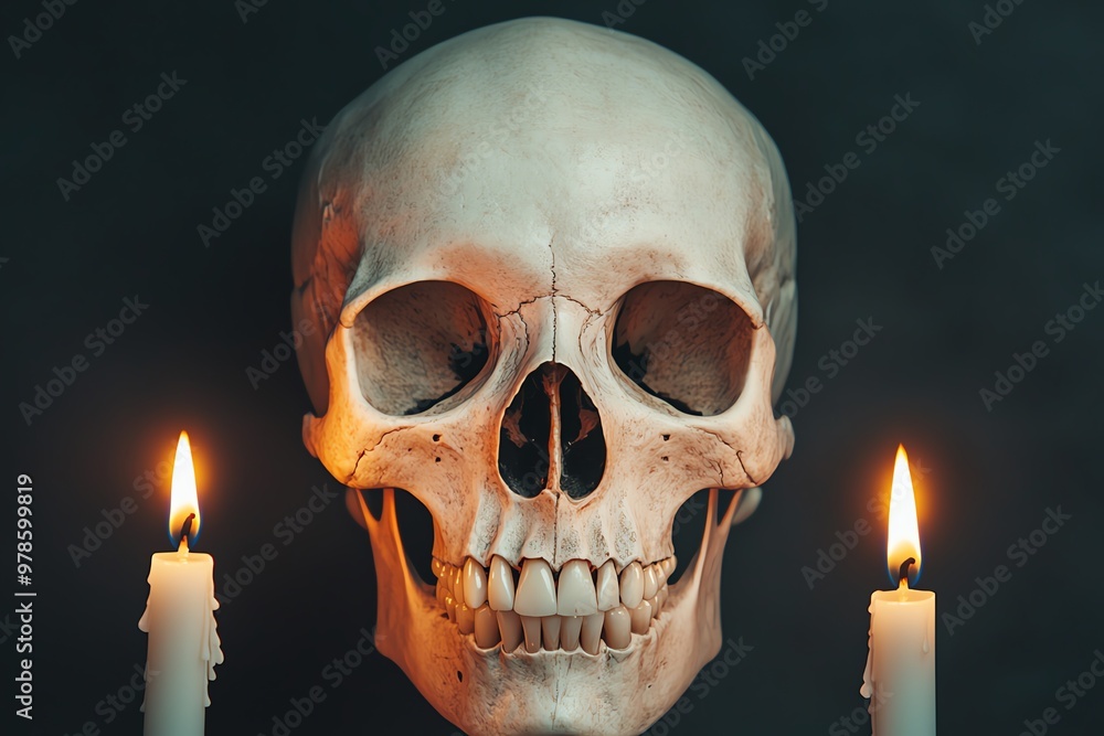 Human skull illuminated by candlelight, mysterious atmosphere, emphasizing anatomical details, eerie study, concept Human skull illuminated by candlelight, mysterious atmosphere, emphasizing anatomical details, eerie study, concept