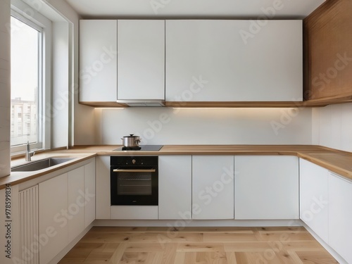 Modern Kitchen with White Cabinets, Wooden Countertop, and a Window