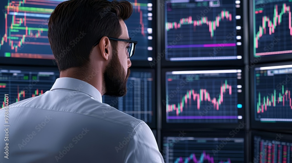 Stock market crash visualized by a professional in front of multiple screens displaying falling stock prices Stock market crash visualized by a professional in front of multiple screens displaying falling stock prices