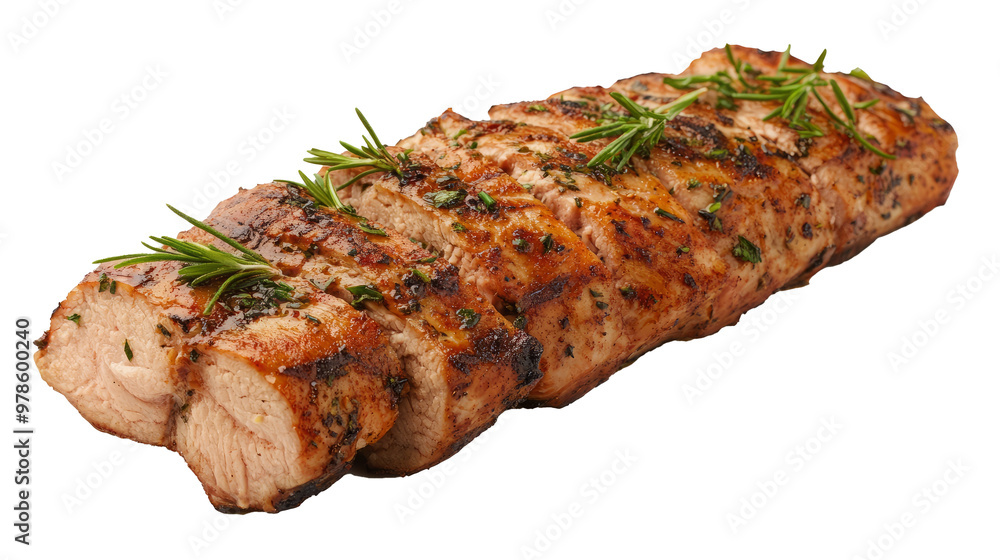 A close-up of a grilled chicken breast, sliced and garnished with rosemary sprigs. A close-up of a grilled chicken breast, sliced and garnished with rosemary sprigs.
