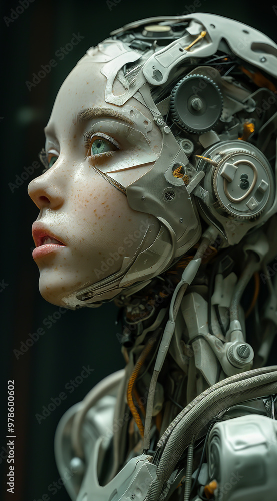 A sculpture of the head and upper body of a human-like female robot, with visible internal mechanical components. A sculpture of the head and upper body of a human-like female robot, with visible internal mechanical components.