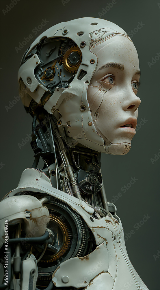 A sculpture of the head and upper body of a human-like female robot, with visible internal mechanical components. A sculpture of the head and upper body of a human-like female robot, with visible internal mechanical components.