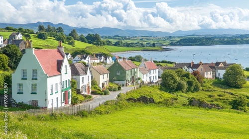 Wallpaper Mural A lively seaside village with vividly painted homes, embraced by rolling green hills and a shimmering ocean, the scene filled with warmth and coastal charm Torontodigital.ca