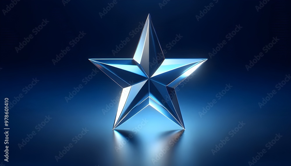 Fototapeta premium Glass star on blue background, symbolizing excellence and achievement. 3D Rendering