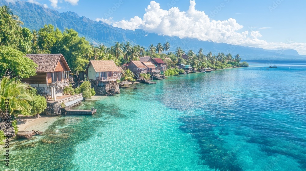 Obraz premium Vibrant tropical village nestled along the coast, colorful huts line the shore, surrounded by dense palm trees and crystal-clear blue lagoon waters