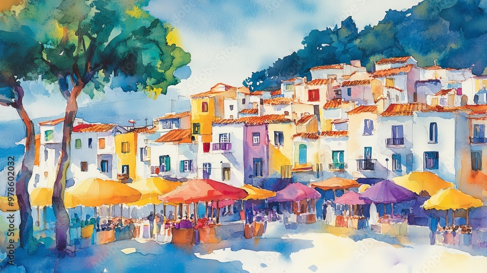 Obraz premium Watercolor painting of a vibrant coastal village, pastel-colored houses lining the shore, a sparkling turquoise sea reflecting the clear blue sky, creating a serene summer scene