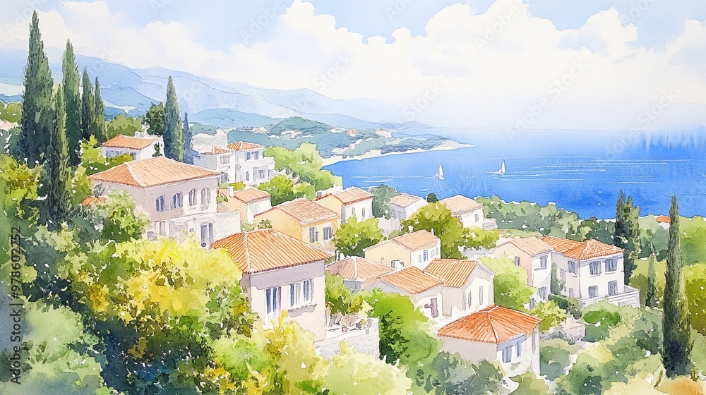 Obraz premium Vibrant coastal village with rainbow-colored buildings, palm trees swaying under a bright sky, watercolor hues capturing the lively atmosphere and tranquil ocean waves