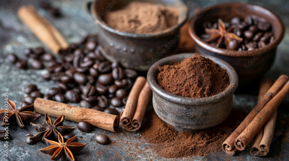 Coffee beans and spices like cinnamon and nutmeg arranged artfully on a table Coffee beans and spices like cinnamon and nutmeg arranged artfully on a table