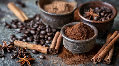 Coffee beans and spices like cinnamon and nutmeg arranged artfully on a table