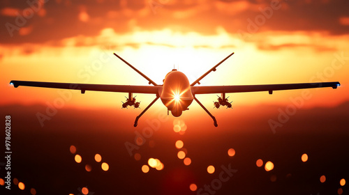 Drone Silhouette Against Sunset: A sleek, military drone takes flight against a fiery sunset, its silhouette sharp against the dramatic sky. This image evokes a sense of power, technology,