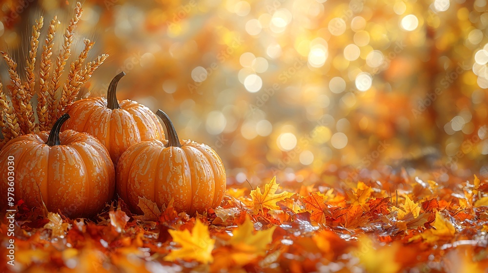 Warm autumn still life featuring pumpkins and leaves, perfect for Thanksgiving and Halloween celebrations with copy space for personalized messages. Warm autumn still life featuring pumpkins and leaves, perfect for Thanksgiving and Halloween celebrations with copy space for personalized messages.