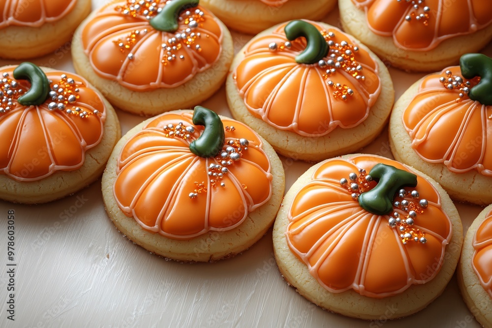 A cascading arrangement of pumpkin-shaped cookies with glossy orange icing, perfect for Halloween and Thanksgiving celebrations, with copy space. A cascading arrangement of pumpkin-shaped cookies with glossy orange icing, perfect for Halloween and Thanksgiving celebrations, with copy space.