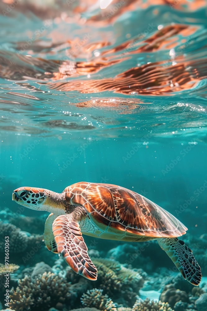 Fototapeta premium Sea turtle swimming gracefully over coral reef in clear blue wat