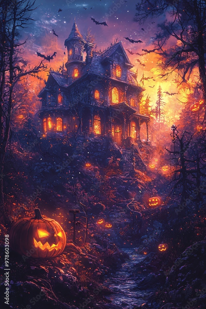 A whimsical Halloween scene featuring a spooky mansion, carved pumpkins, and a dark forest, perfect for Halloween invitations or Thanksgiving-themed events with copy space. A whimsical Halloween scene featuring a spooky mansion, carved pumpkins, and a dark forest, perfect for Halloween invitations or Thanksgiving-themed events with copy space.