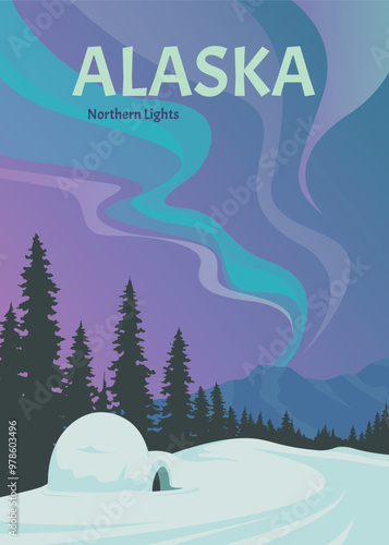 view of northern lights in alaskan and igloos ice building vintage poster illustration design.