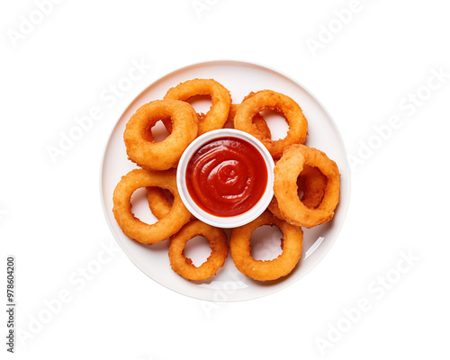 Onion rings, ketchup, parsley on a white plate. Ideal for food blogs, menu design, restaurant promotion, culinary websites. Generative AI photo