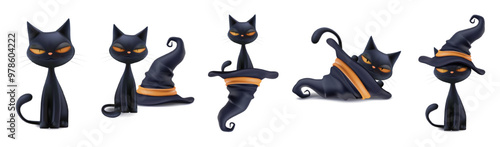 Halloween black witch cat in wizard hat sticker set. 3d render of cute pet character, flying smiling, happy chibi, cartoon animal in cone cap. Funny kitty magician sorcery superstition emoji symbol.