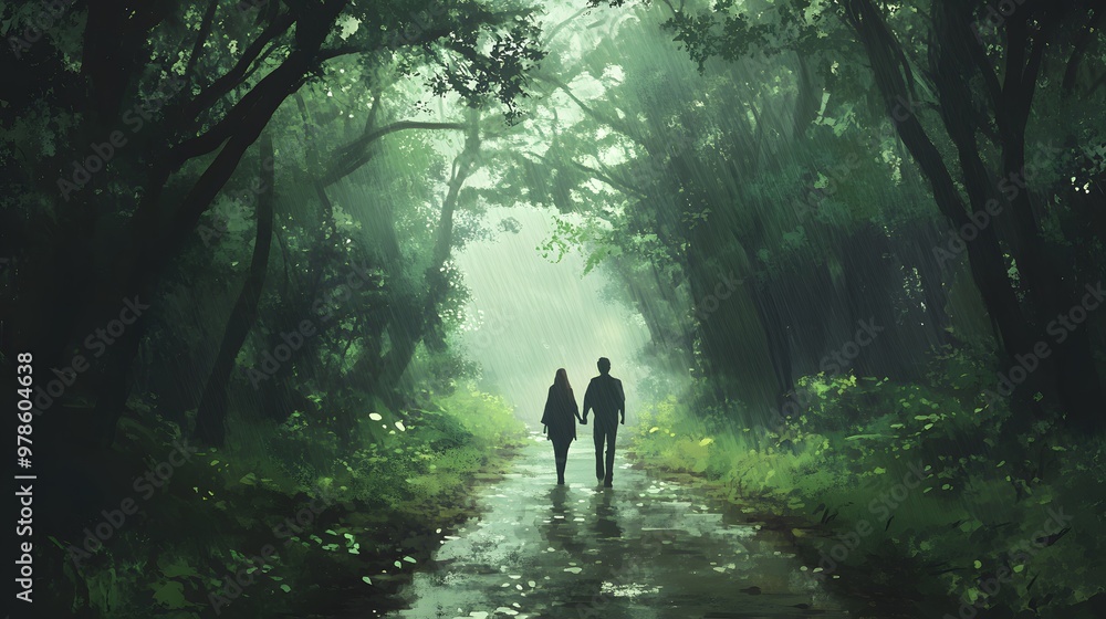Couple walking through a rain-drenched forest path, soft light filtering through the trees, gentle mist rising from the wet ground, serene and adventurous mood, lo-fi anime style