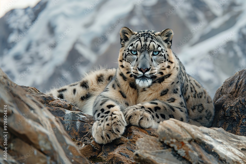 Naklejka premium Snow leopard lounging on rocky terrain with snowy mountains in b