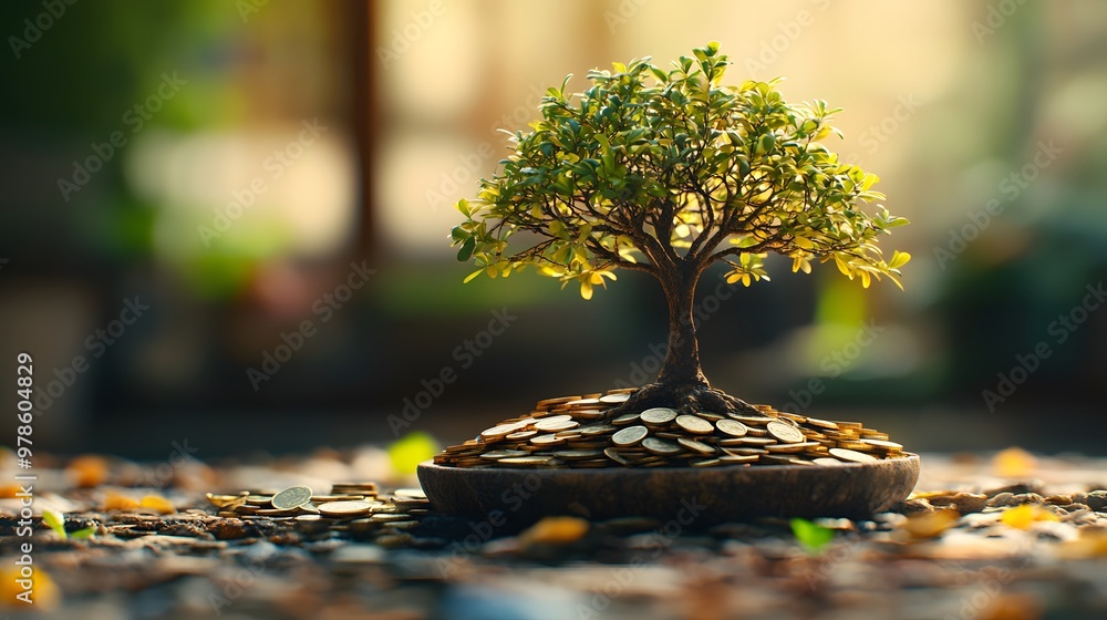 Cartoon 3D tree growing from coins on a rustic table. Cartoon 3D tree growing from coins on a rustic table.