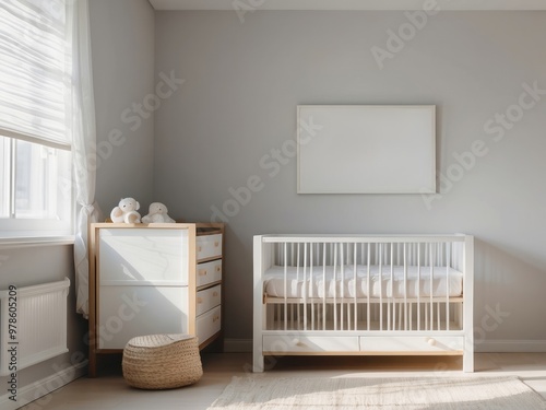 Minimalist Baby Nursery with White Crib and Dresser