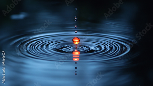 A mesmerizing close-up of a water droplet creating ripples on a calm surface, showcasing tranquility and nature's beauty.