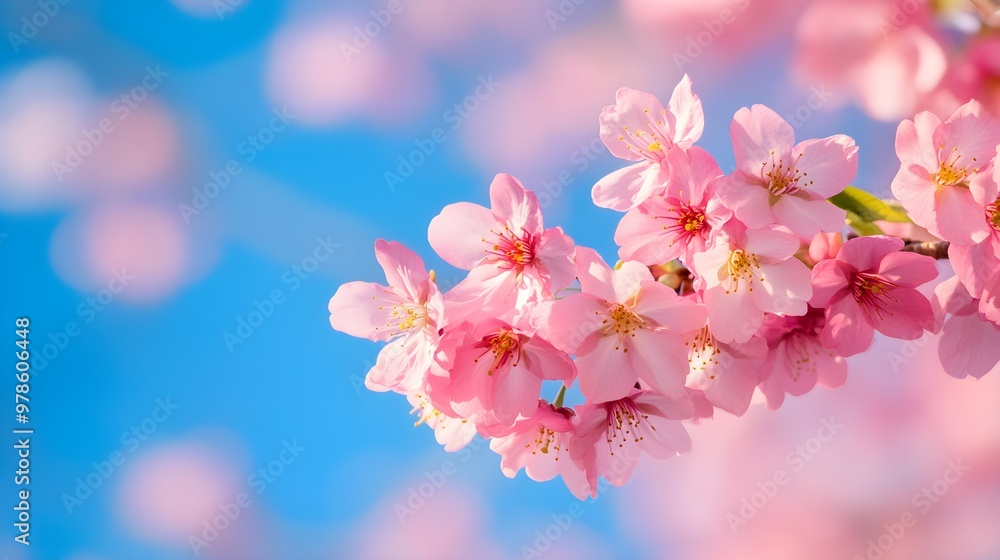 A cluster of cherry blossoms on a branch, set against a bright blue skyThe soft pink flowers are sharply focused, creating a light and airy springtime atmosphere A cluster of cherry blossoms on a branch, set against a bright blue skyThe soft pink flowers are sharply focused, creating a light and airy springtime atmosphere