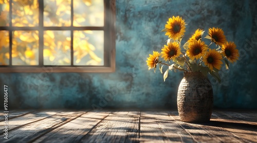 A cozy setting with sunflowers in a textured vase on a wooden table, basking in morning lightThe scene radiates warmth and homeliness photo