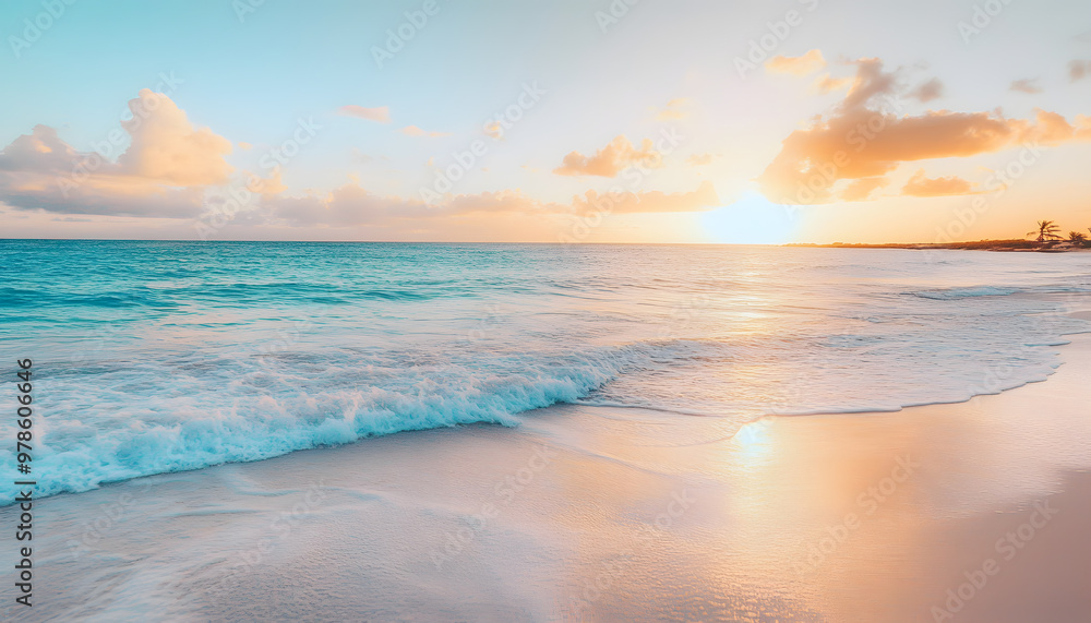 Fototapeta premium Crystal-clear turquoise waters with gentle waves lapping at a pristine beach under a golden sunset