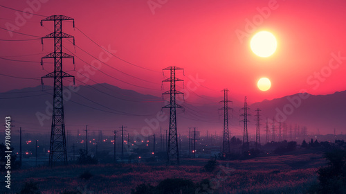 A stunning sunset landscape with power lines silhouetted against a vibrant pink and purple sky, creating a serene atmosphere.